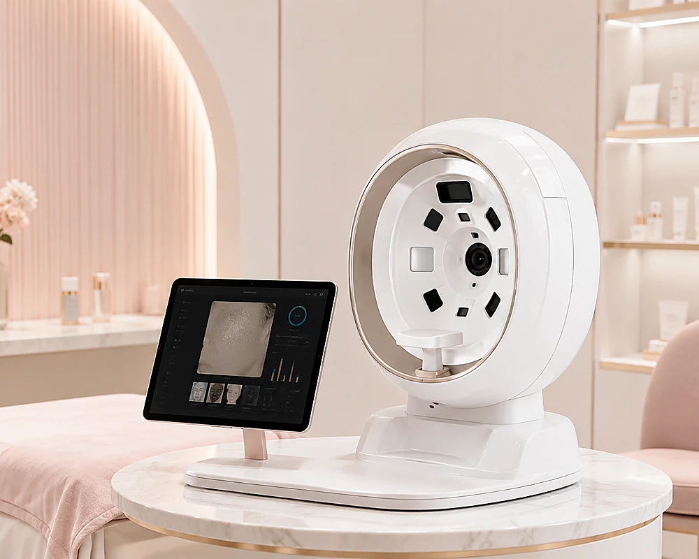 AI-generated generic skin analysis instrument in a premium medispa setting